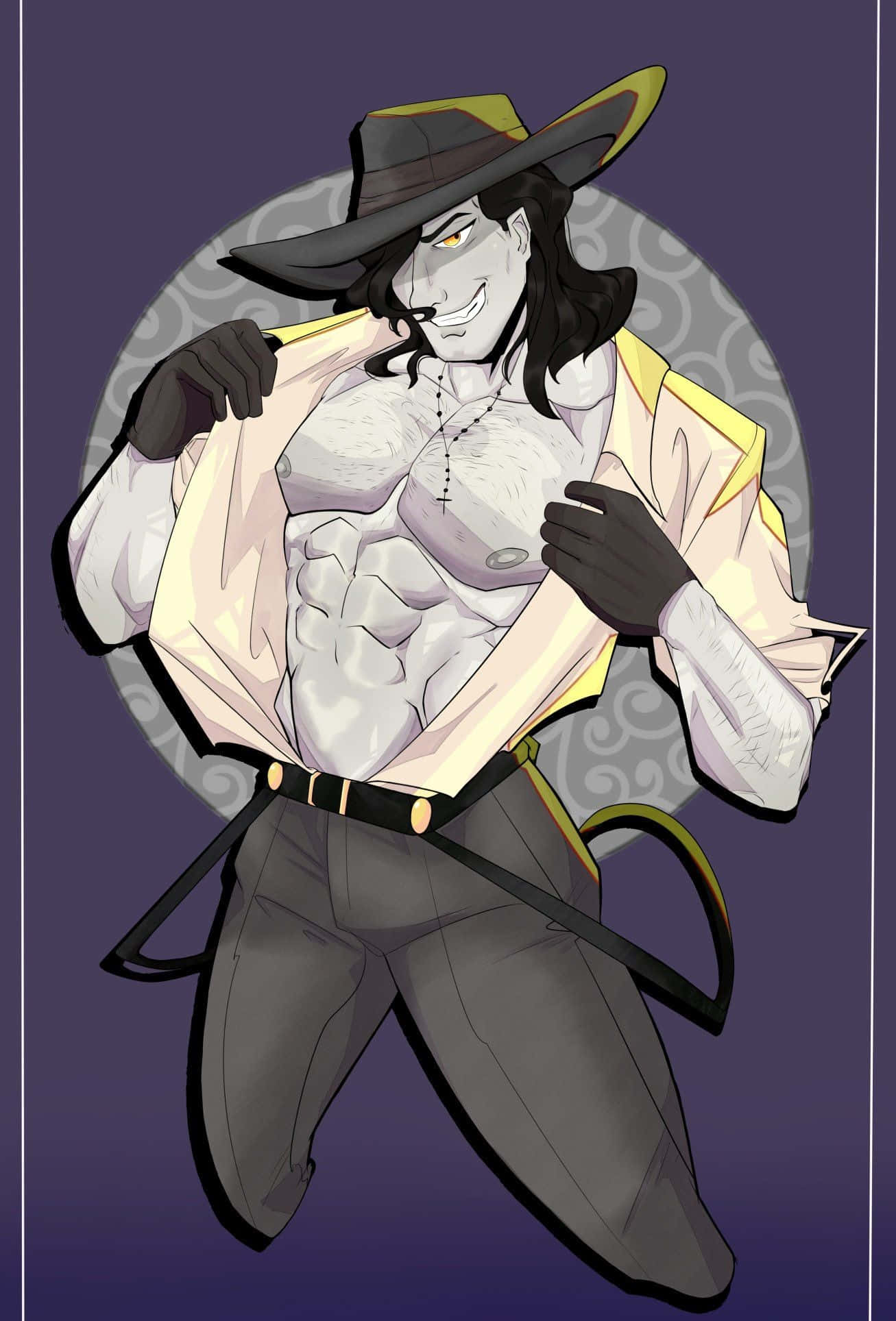 evil 桌布 壁紙 — 一個風格化的動漫男子，皮膚蒼白，長黑髮，在紫色背景帶灰色圓形圖案下，拉開外套露出肌肉發達的軀幹，露出冷笑。