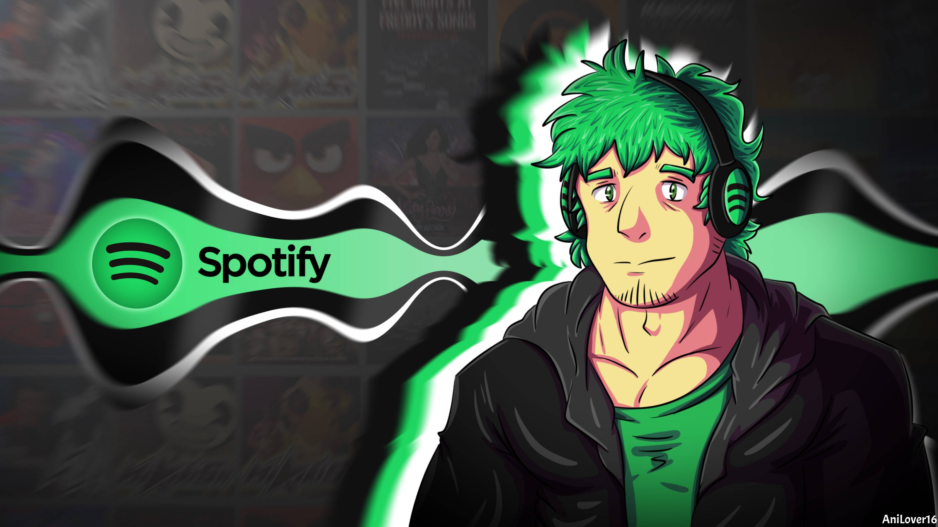 Spotify 桌布 壁紙 — 一個風格化的動漫男子，綠色頭髮，戴著耳機，站在發光的Spotify標誌旁邊，背景是黑暗的漫畫風格。