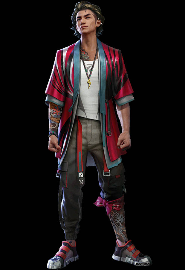 free fire 4K 桌布 壁紙 — 一個風格化的動漫男子，身上有刺青，穿著紅色條紋外套，自信地站在黑色背景前。