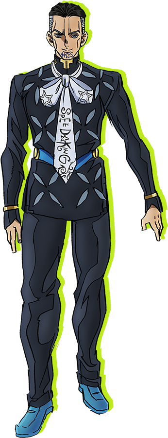 Jojo 桌布 壁紙 — 一個風格化的動漫男子，身穿帶有星星圖案的黑色西裝和藍色鞋子，站在純色背景前。