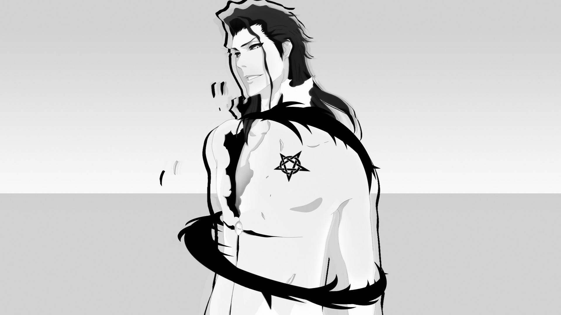 Aizen 桌布 壁紙 — 一個風格化的動漫男子，長髮，胸前有五星芒刺青，站在極簡灰色背景前。
