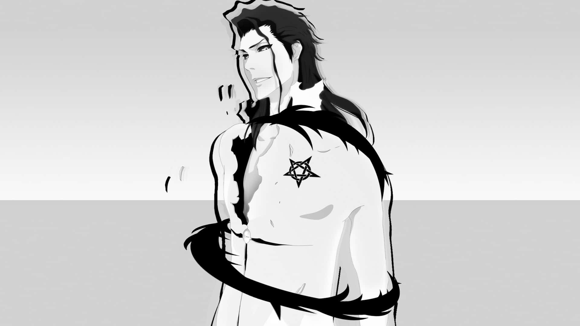 Sosuke Aizen 桌布 壁紙 — 一個風格化的動漫男子，長髮，胸前有五星芒刺青，站在極簡灰色背景前。
