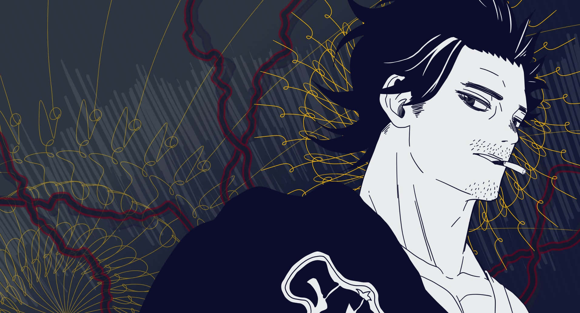 Black Clover Yami 桌布 壁紙 — 一個風格化的動漫男子，頭髮尖刺，在黑暗背景中吸煙，周圍有旋轉的紅色和金色線條。