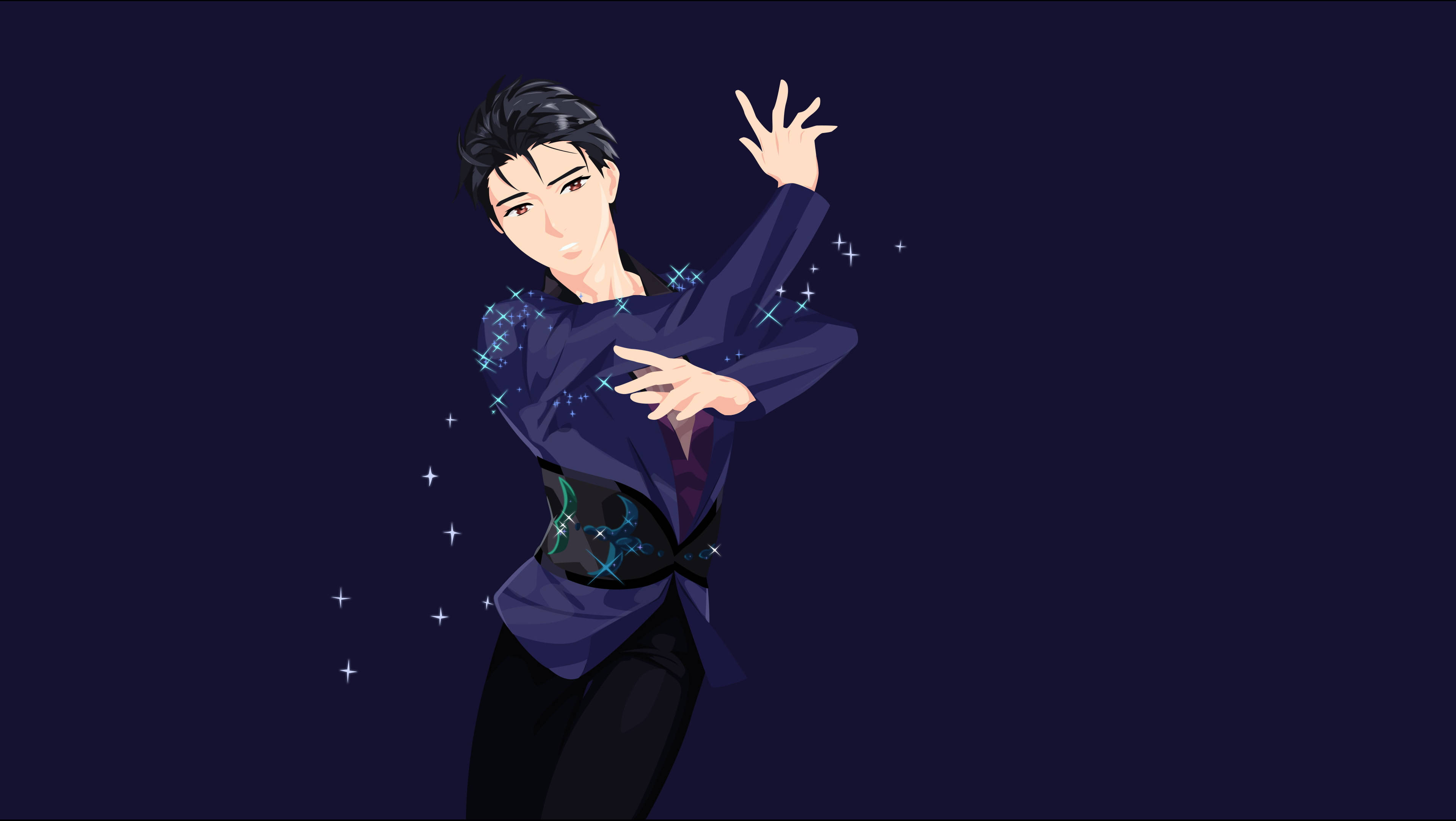 yuri 桌布 壁紙 — 一個風格化的動漫男子穿著深藍色外套，在深紫色背景上伴隨著閃爍的光效優雅地跳舞。