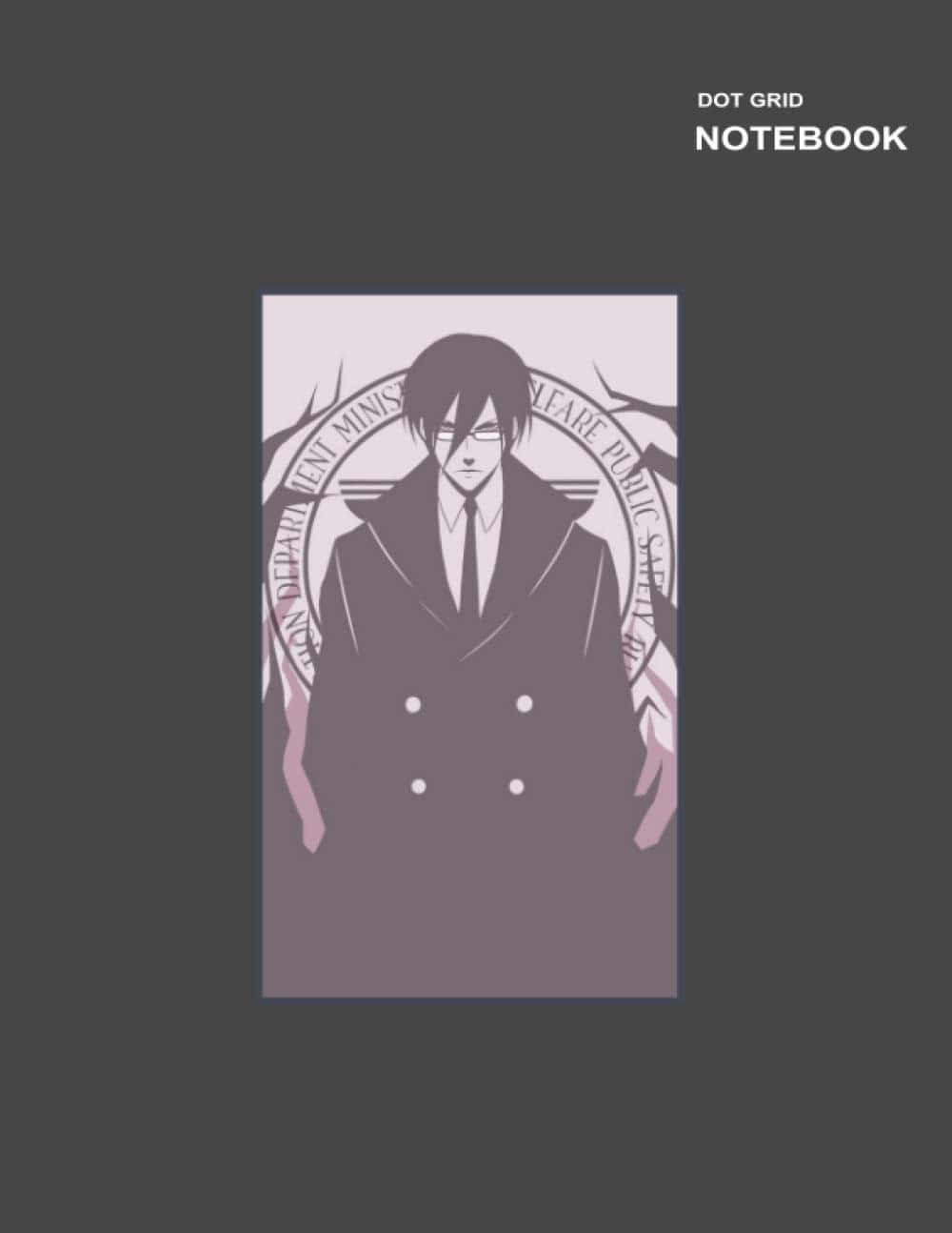 Nobuchika Ginoza 桌布 壁紙 — 一個風格化的動漫男子穿著風衣，站在一個圓形徽章前，背景是柔和的紫色。