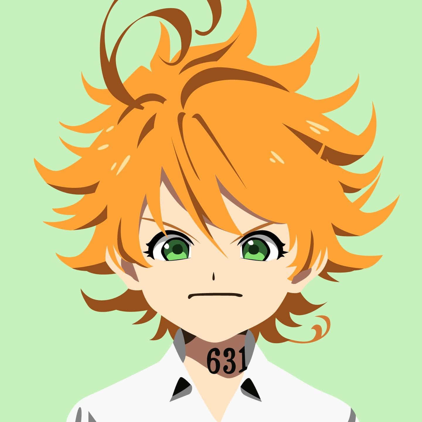 The Promised Neverland Emma 桌布 壁紙 — 一個風格化的動漫男孩，擁有尖刺的橙色頭髮和綠色眼睛，穿著一件白色襯衫，領口有數字631，背景是淡綠色。