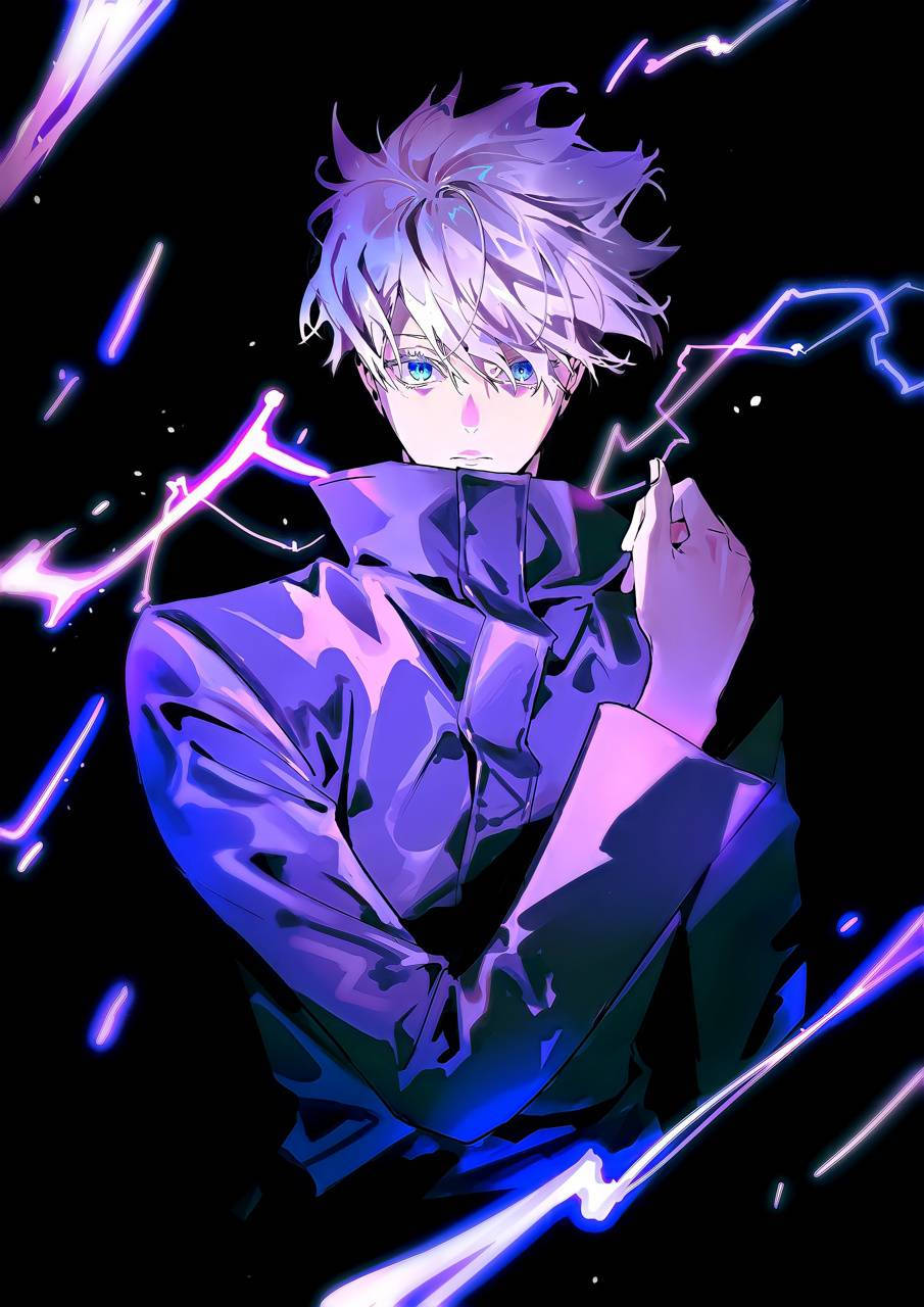 動漫角色，紫色頭髮，發光的眼睛，被電能包圍。 — 五條悟 GIF 壁紙