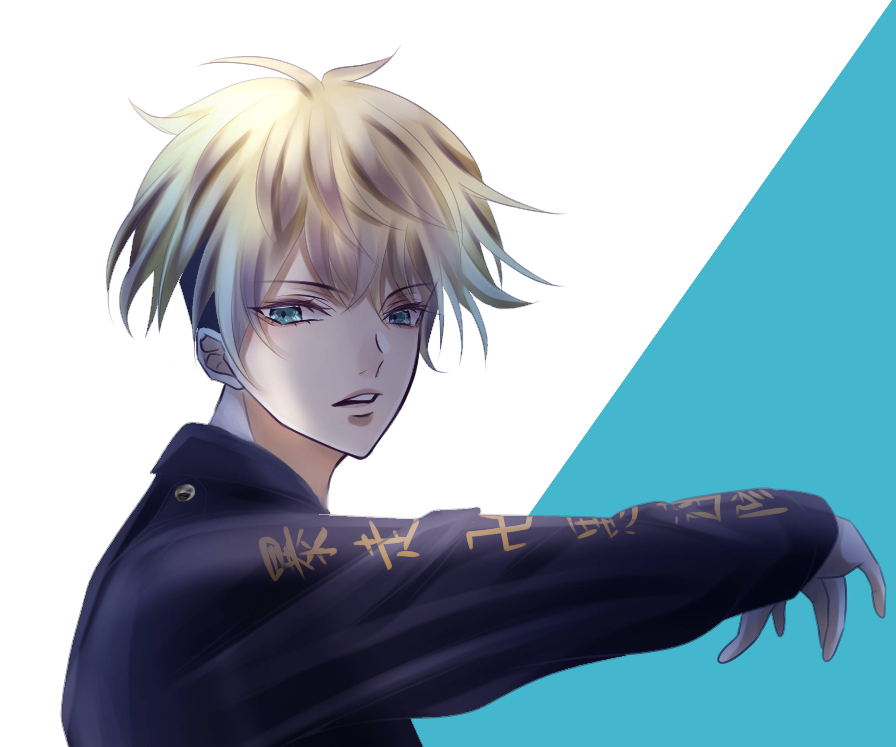 chifuyu matsuno 桌布 壁紙 — 一個風格化的動漫男孩，有著尖刺金髮和藍眼睛，在白色和藍綠色的分割背景前伸出手臂。