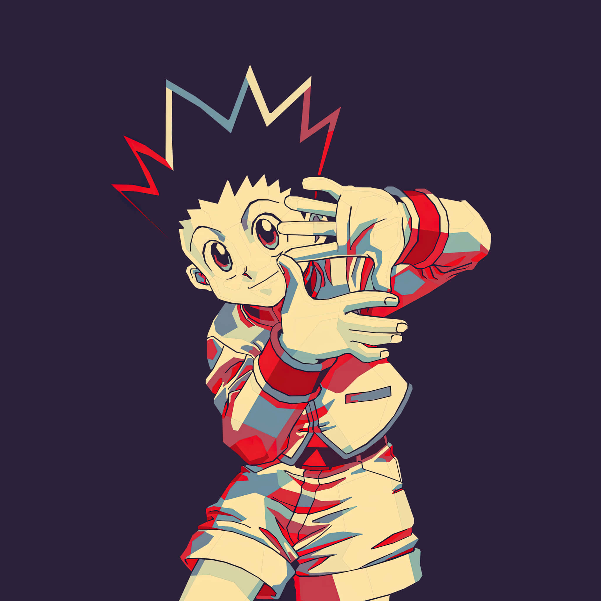 獵人 x 獵人 桌布 壁紙 — 一個風格化的動漫男孩，有著尖刺頭髮和紅色眼睛，在深色背景前做出俏皮的手勢。