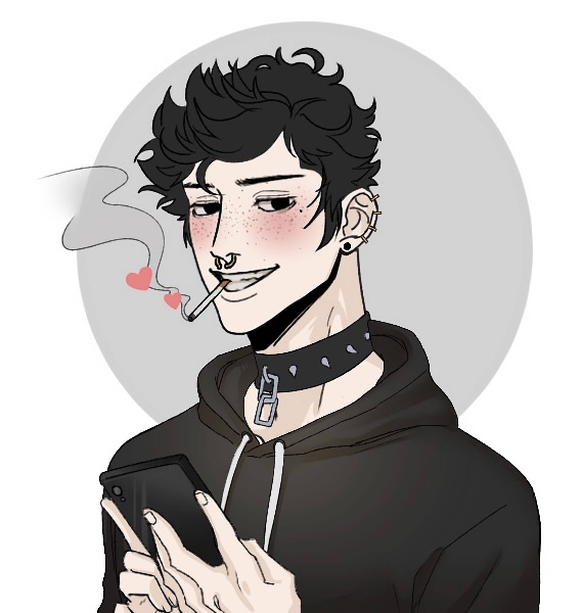 emo 頭像 桌布 壁紙 — 一個風格化的動漫男孩，深色頭髮和穿環，吸著煙，煙霧呈心形，一邊滑手機一邊冷笑。