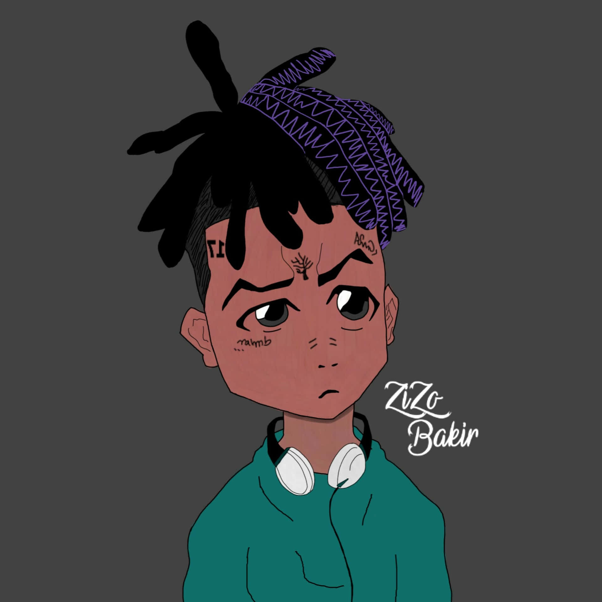 XXXTENTACION 桌布 壁紙 — 一個風格化的動漫男孩，留著辮子頭和紋身，在深灰色背景上戴著耳機。