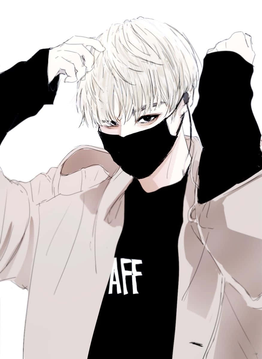 動漫男孩 桌布 壁紙 — 一個風格化的動漫男孩，白髮和黑色口罩，在純白背景前調整他的連帽衫。