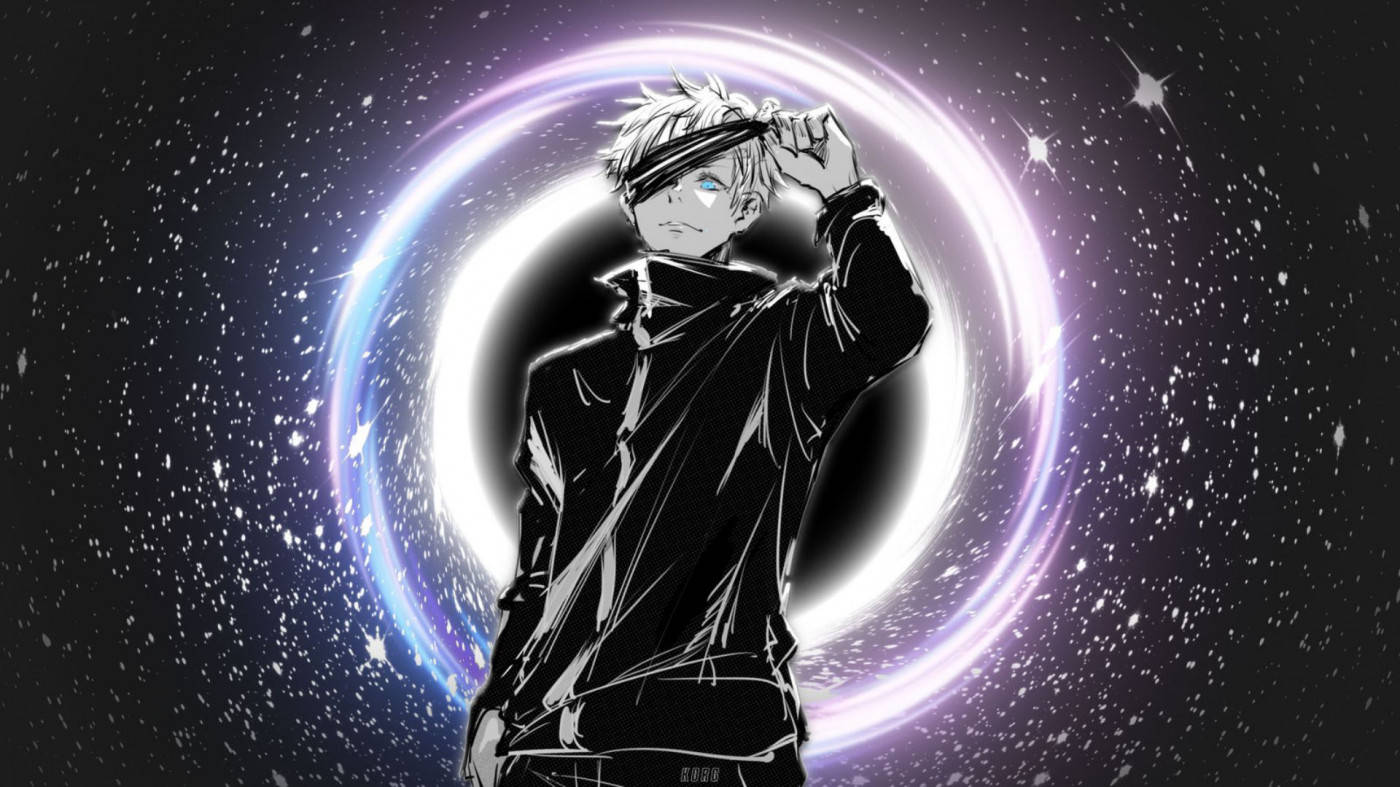 Gojo Sataru 桌布 壁紙 — 一個風格化的動漫男孩，白髮蒙眼，站在閃耀的宇宙環前，背景是繁星點點的夜空。