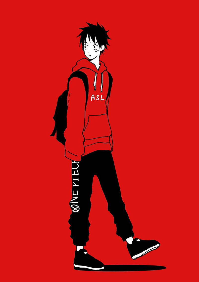 Luffy 桌布 壁紙 — 一個風格化的動漫男孩，穿著紅色連帽衫和黑色褲子，在純紅色背景上自信地行走。