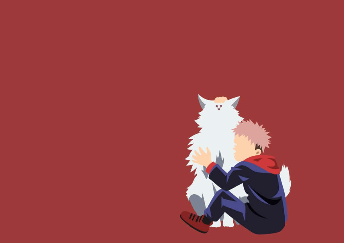 Jujutsu Kaisen Desktop 桌布 壁紙 — 一個風格化的動漫男孩，粉紅色頭髮，在純紅色背景前擁抱一隻蓬鬆的白貓。