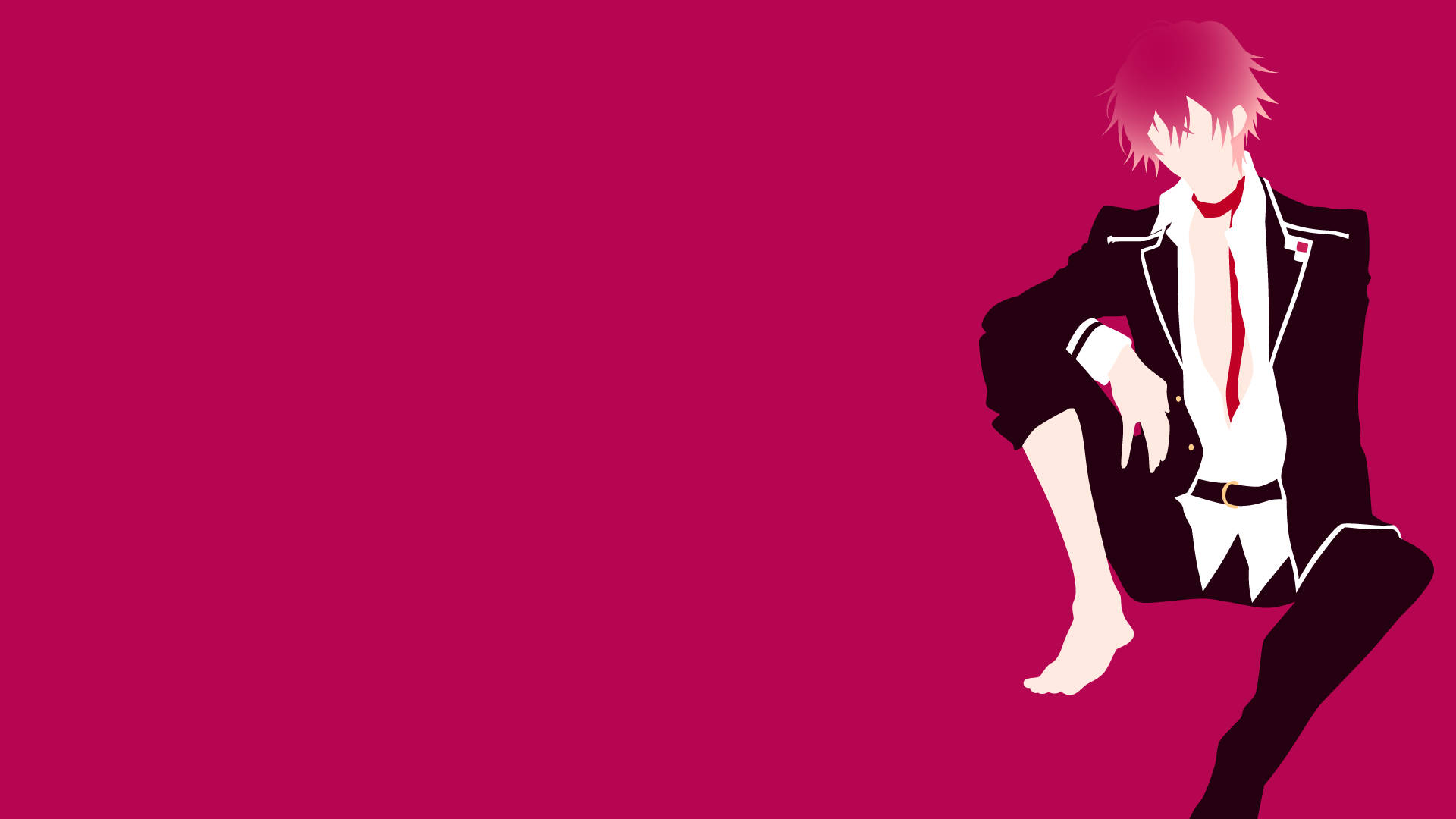 Diabolik Lovers 桌布 壁紙 — 一個風格化的動漫男孩，粉紅色頭髮，穿著黑色西裝，隨意地坐在純洋紅色背景前。