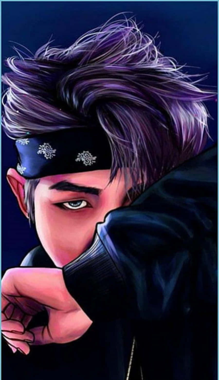  壁紙 — 一個風格化的動漫男孩，紫色頭髮和黑色頭巾，在深藍色背景上從手臂後面探出頭來。