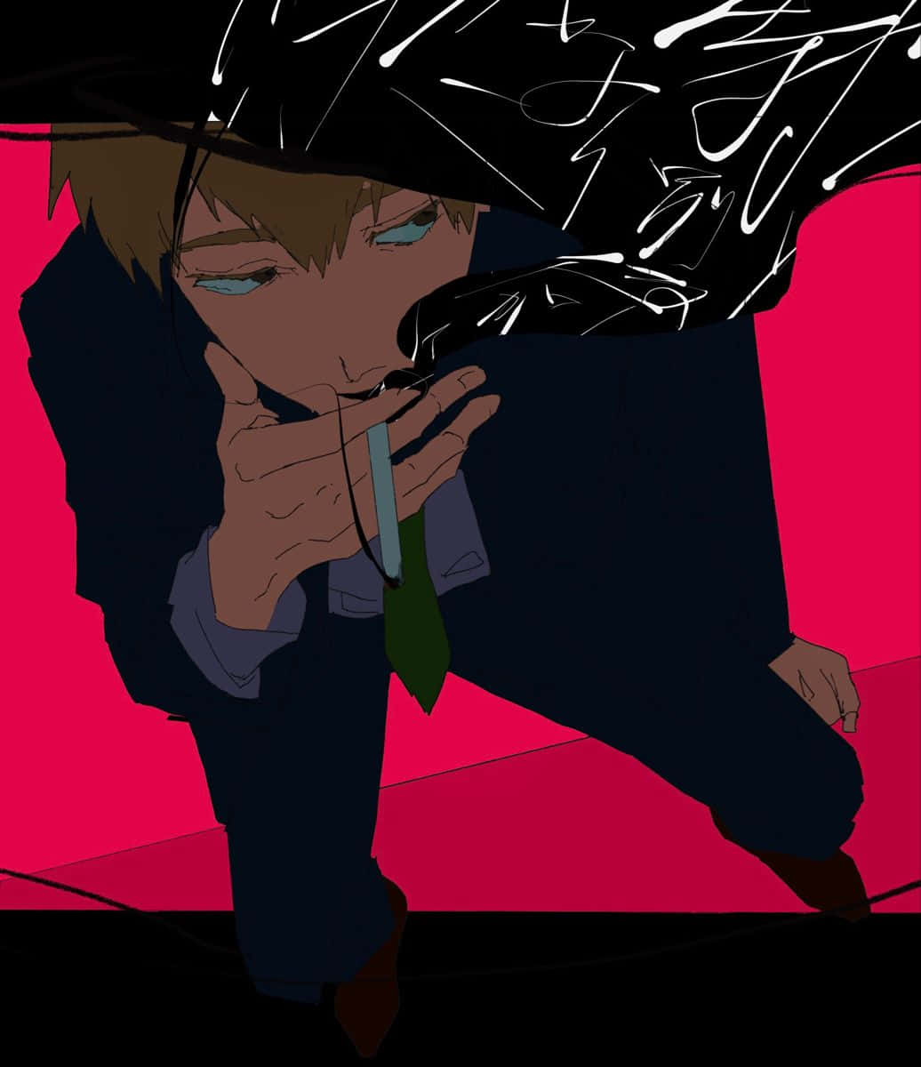 Arataka Reigen 桌布 壁紙 — 一個風格化的動漫男孩，藍眼睛和棕色頭髮，在黑色雨傘下抽煙，背景是鮮豔的粉紅色。