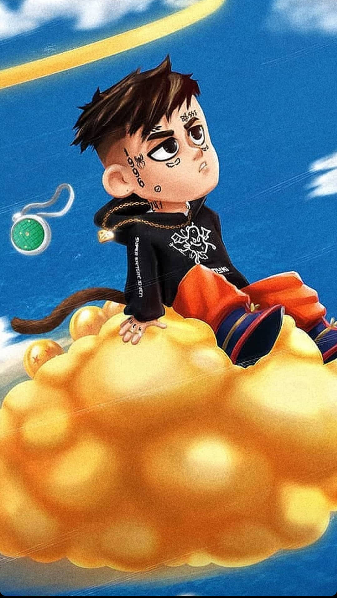 說唱歌手 桌布 壁紙 — 一個風格化的動漫男孩，身上有刺青，坐在一朵蓬鬆的金色雲朵上，背景是明亮的藍天，還有一道發光的黃色弧線。