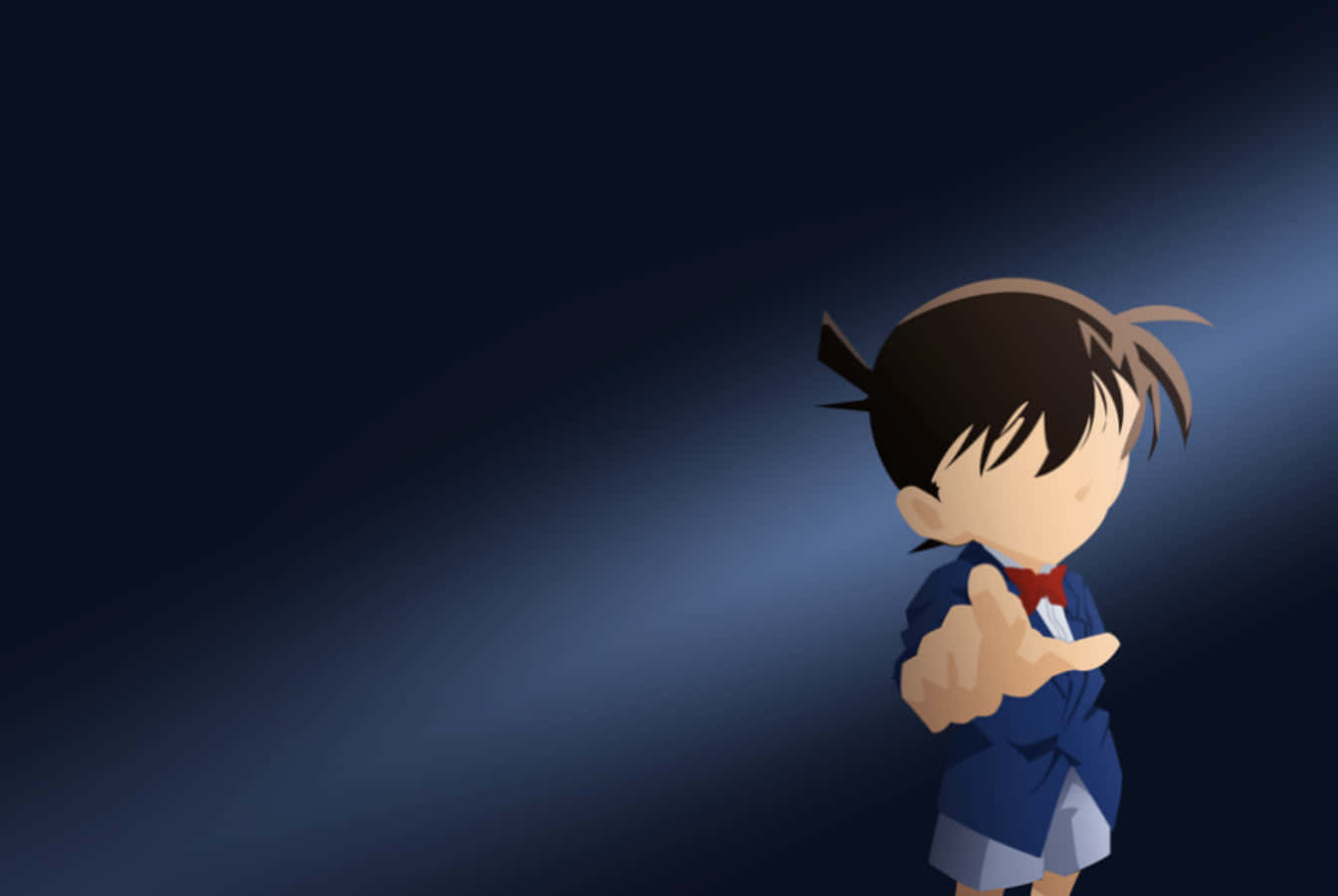 Detective Conan 桌布 壁紙 — 一個風格化的動漫男孩，身穿藍色西裝和紅色領結，在深藍色漸變背景前向前指。