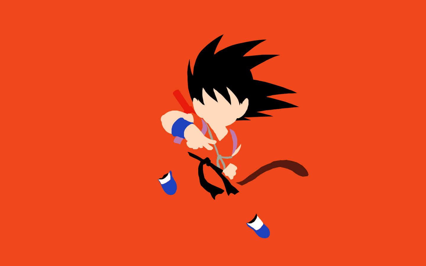 kid goku 桌布 壁紙 — 一個風格化的動漫男孩，黑色刺蝟頭，在半空中踢腿，背景為純橙色。