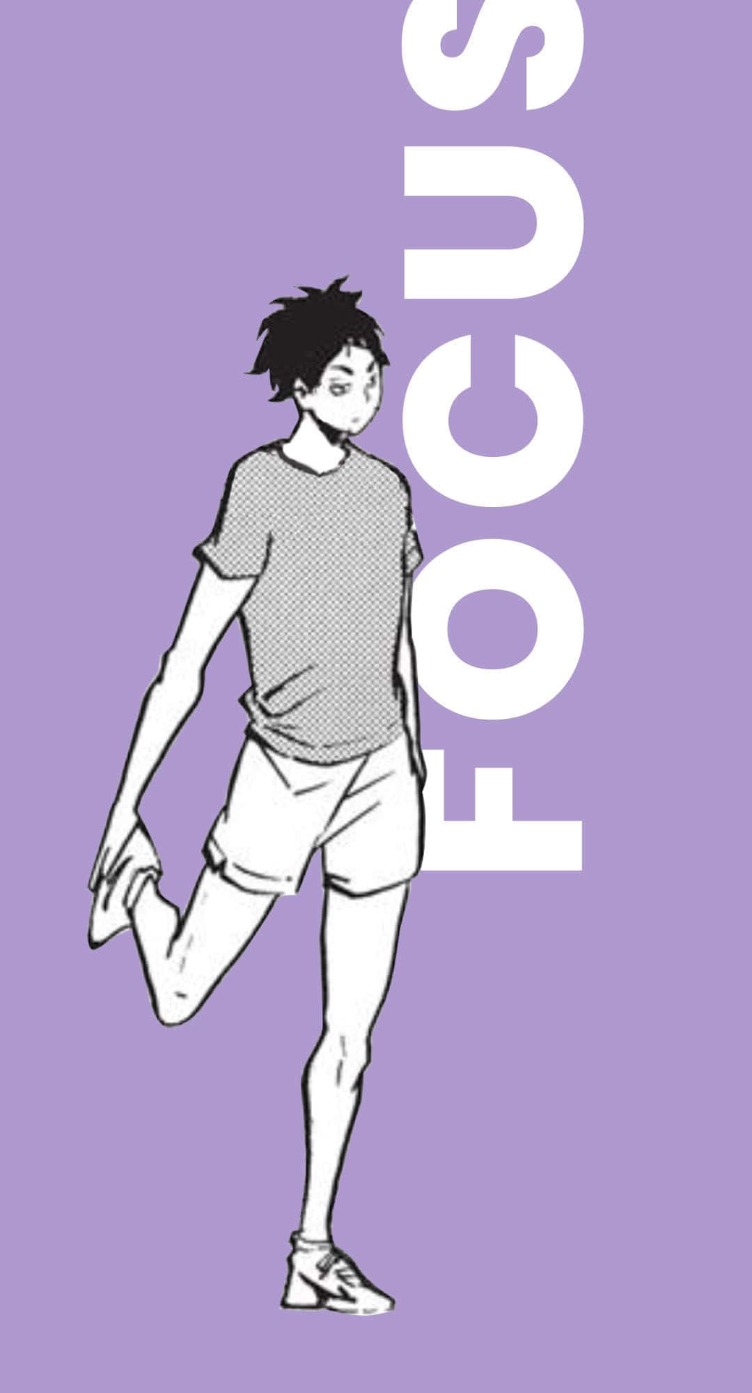 Fukurodani 桌布 壁紙 — 一個風格化的動漫男孩在薰衣草背景上伸展，垂直顯示「focus」一詞。