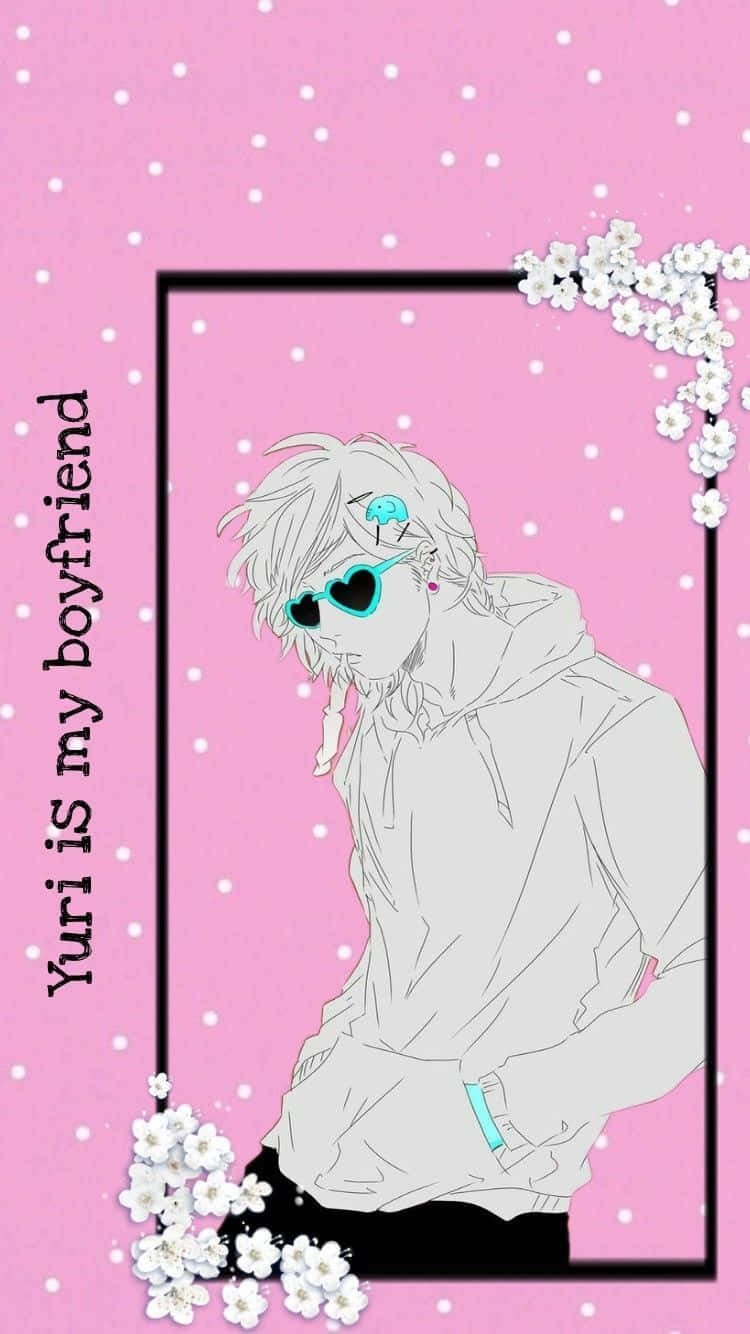 桌布 壁紙 — 一個風格化的動漫男孩戴著心形太陽眼鏡，坐在櫻花環繞的粉紅色圓點背景前。