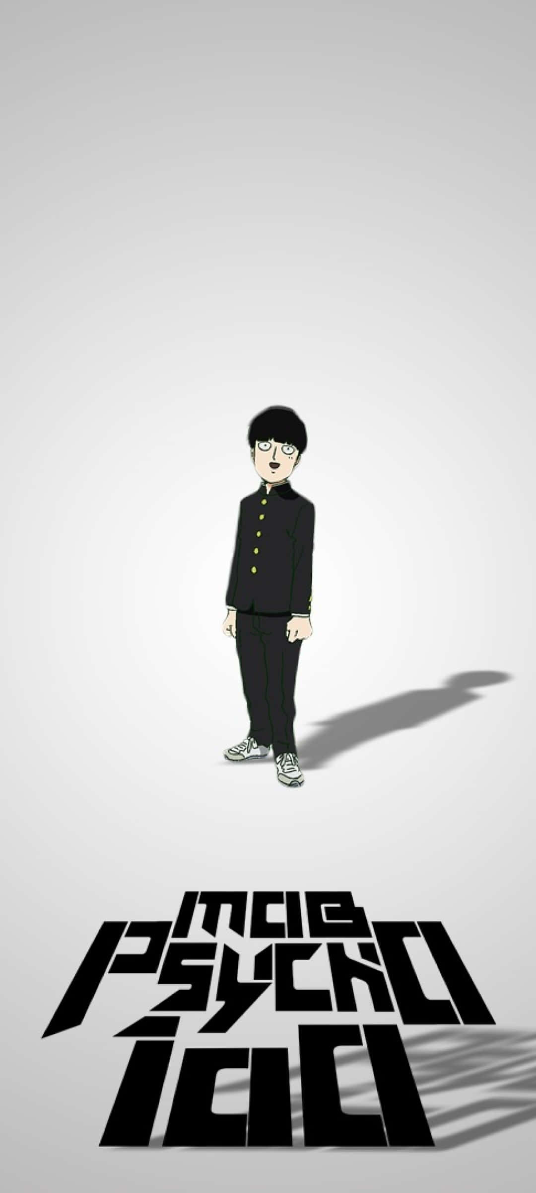 Anime Character 桌布 壁紙 — 一個風格化的動漫男孩穿著黑色制服，站在純灰色背景前，下方有粗體黑色文字。
