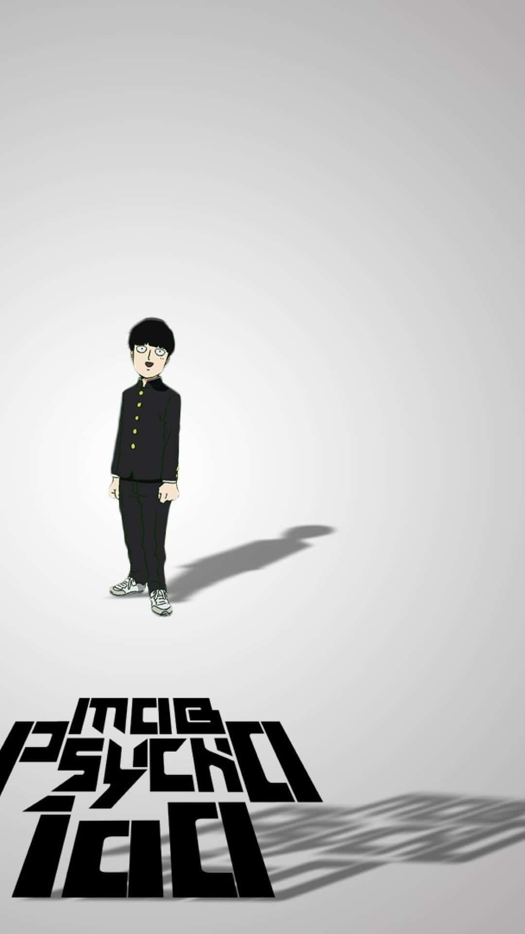 Anime Character 桌布 壁紙 — 一個風格化的動漫男孩穿著黑色制服，獨自站在純灰色背景前，粗體黑色文字投下長長的陰影。