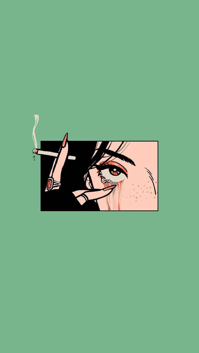 Edgy 桌布 壁紙 — 一個風格化的動漫眼睛，旁邊放著一支香煙，背景為純綠色。