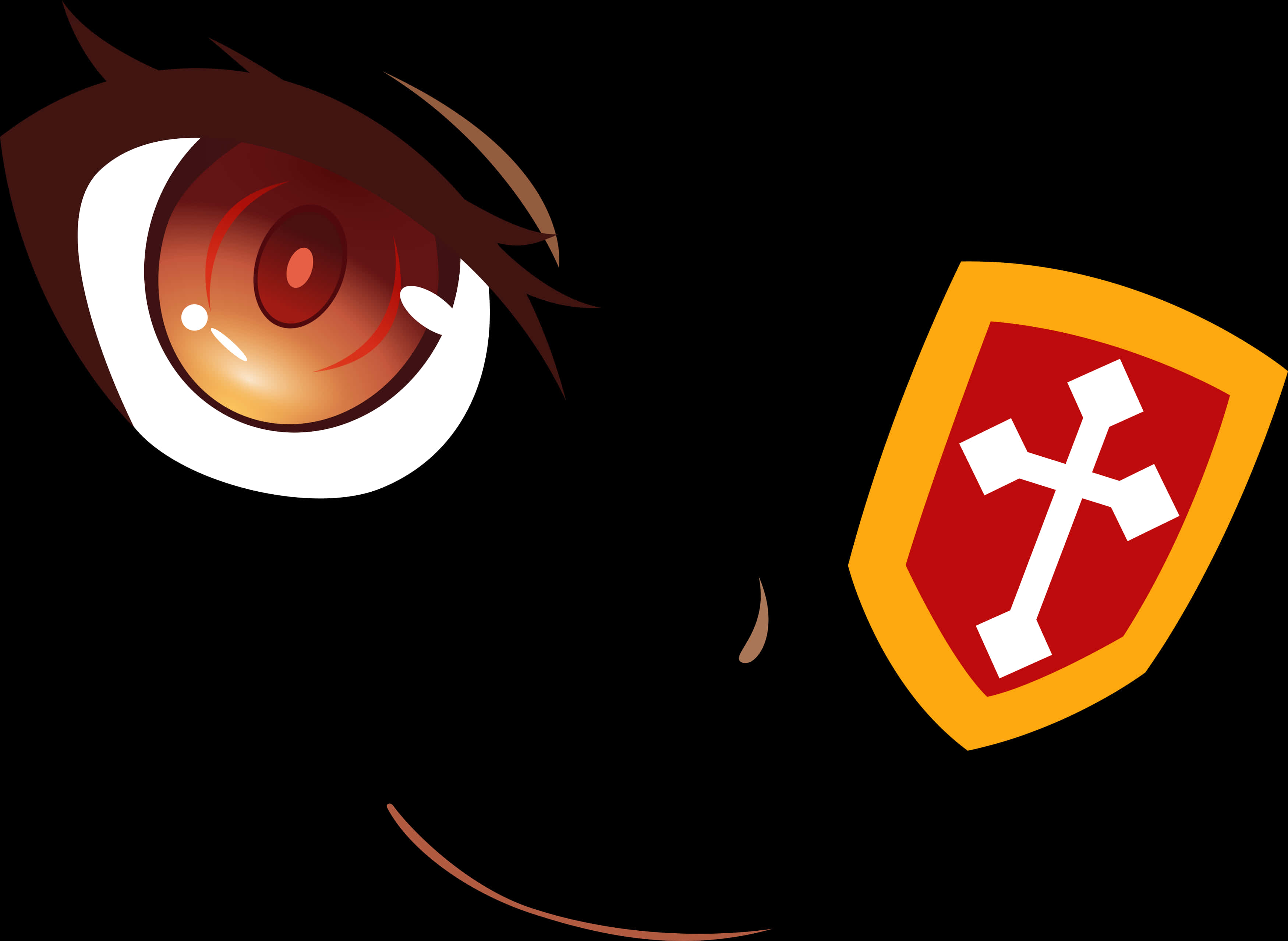 Megumin 桌布 壁紙 — 一個風格化的動漫眼睛，紅色虹膜，旁邊有一個盾牌，紅色背景上有白色十字，黑色背景。