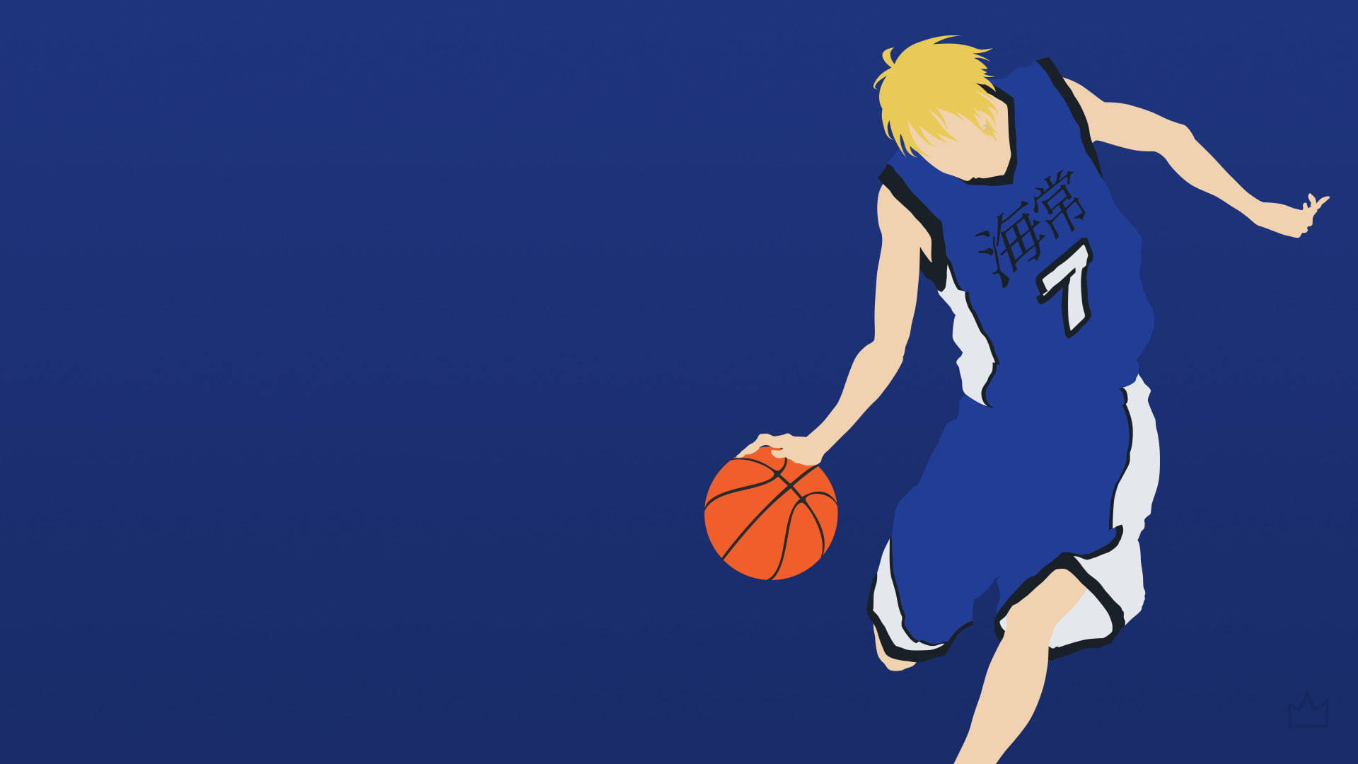 Kuroko No Basket 桌布 壁紙 — 一個風格化的動漫籃球運動員，身穿藍色球衣，在純藍色背景上運著橙色籃球。
