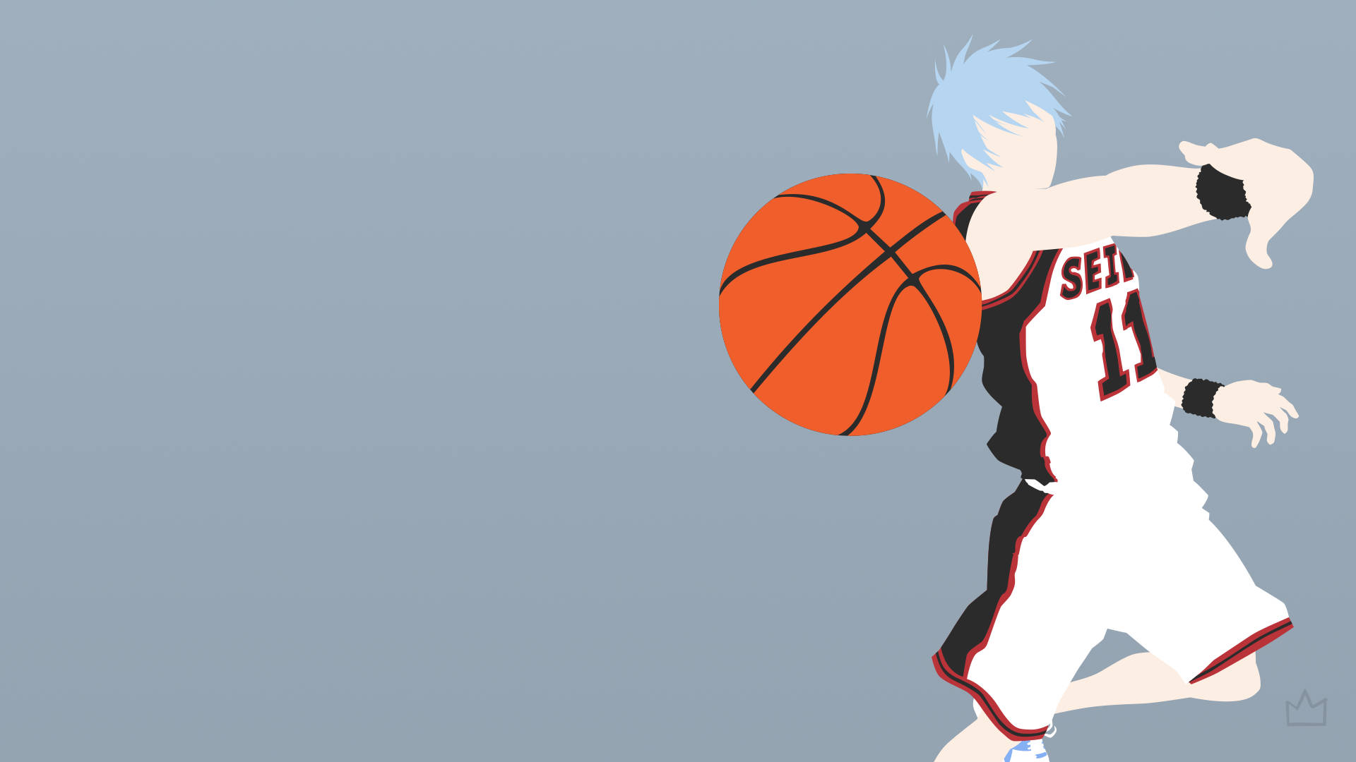 Kuroko No Basket 桌布 壁紙 — 一個風格化的動漫籃球運動員穿著白色球衣，在柔和的灰色背景上運著橙色籃球。