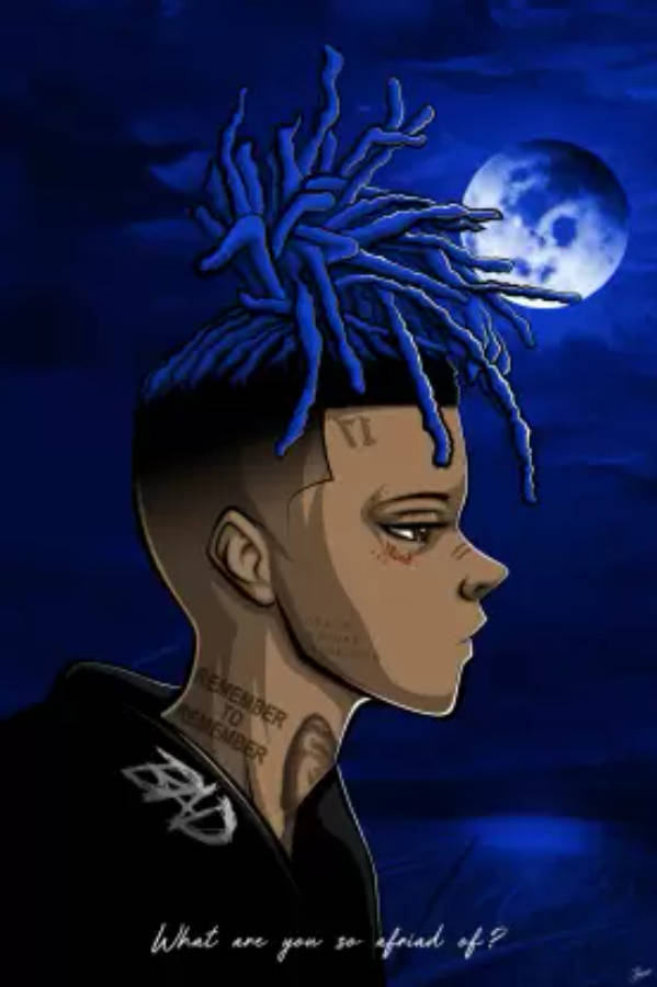 酷酷的xxxtentacion 桌布 壁紙 — 一個風格化的動漫肖像，人物擁有藍色辮子，背景是深藍色夜空和滿月。