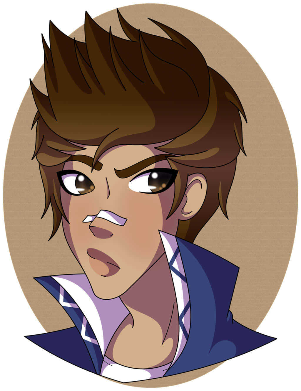 Tristan Taylor 桌布 壁紙 — 一個風格化的動漫肖像，描繪一位年輕男子，擁有刺狀棕色頭髮和銳利的眼睛，穿著藍白相間的服裝。