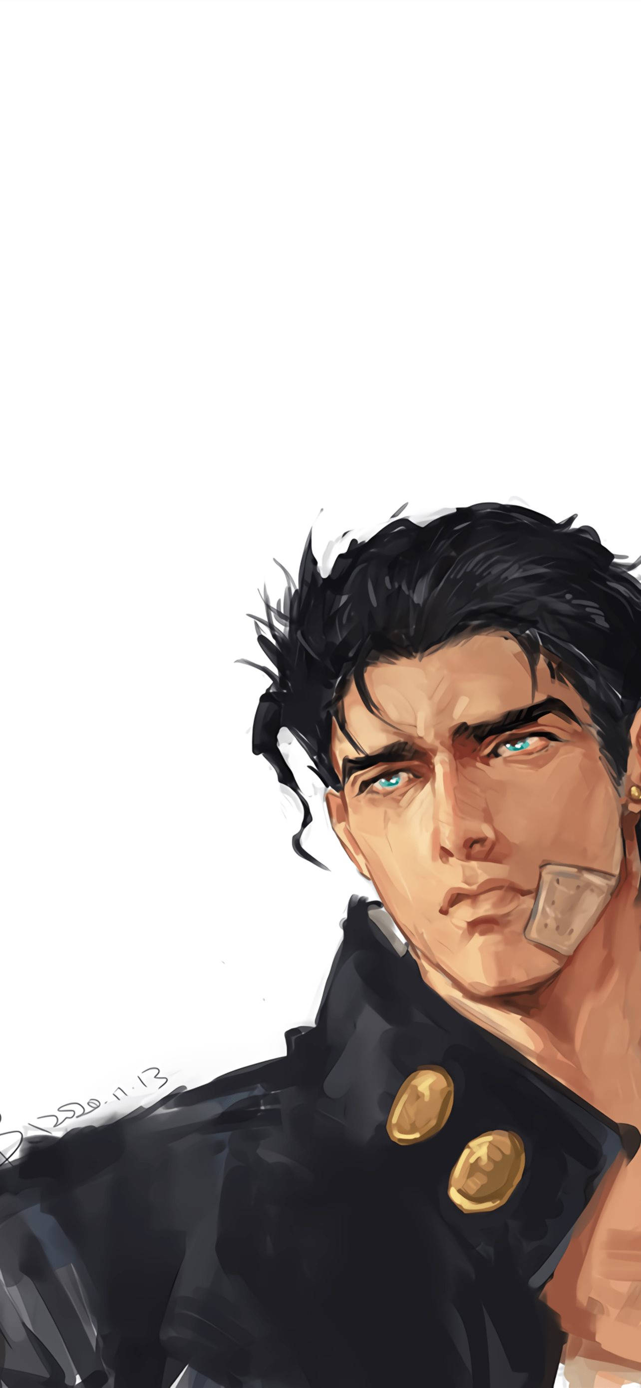 Jotaro 桌布 壁紙 — 一個風格化的動漫肖像，描繪一位年輕男子，擁有強烈的藍色眼睛和繃帶包紮的臉頰，背景為純白色。
