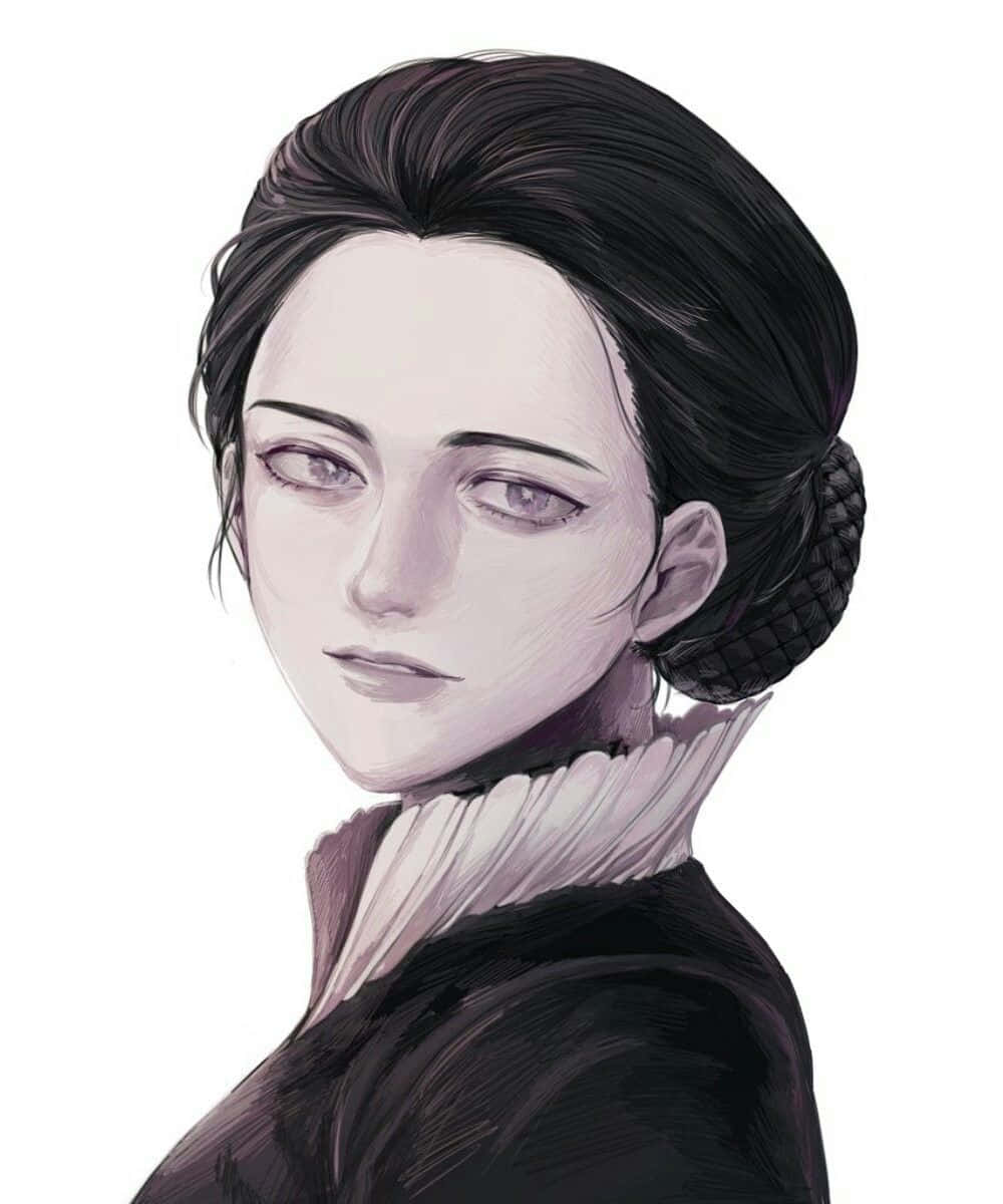 The Promised Neverland Isabella 桌布 壁紙 — 一個風格化的動漫肖像，描繪一位深色頭髮盤成髮髻、穿著高領的女性，背景為純白色。