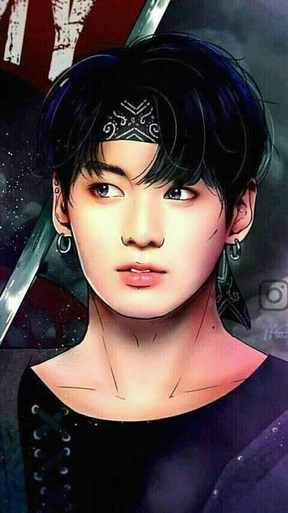 BTS 桌布 壁紙 — 一個風格化的動漫肖像，描繪一個黑髮、額頭有複雜標記的年輕男子，在宇宙背景下持劍。