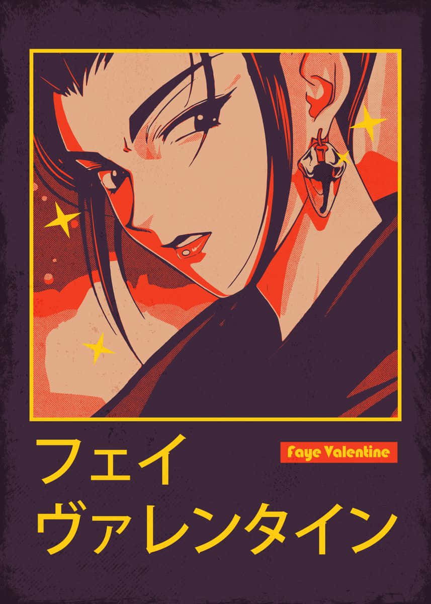 Faye Valentine 桌布 壁紙 — 一個風格化的動漫肖像，描繪了Faye Valentine，紅髮，戴著蛇形耳環，背景是星光閃爍的橙色。