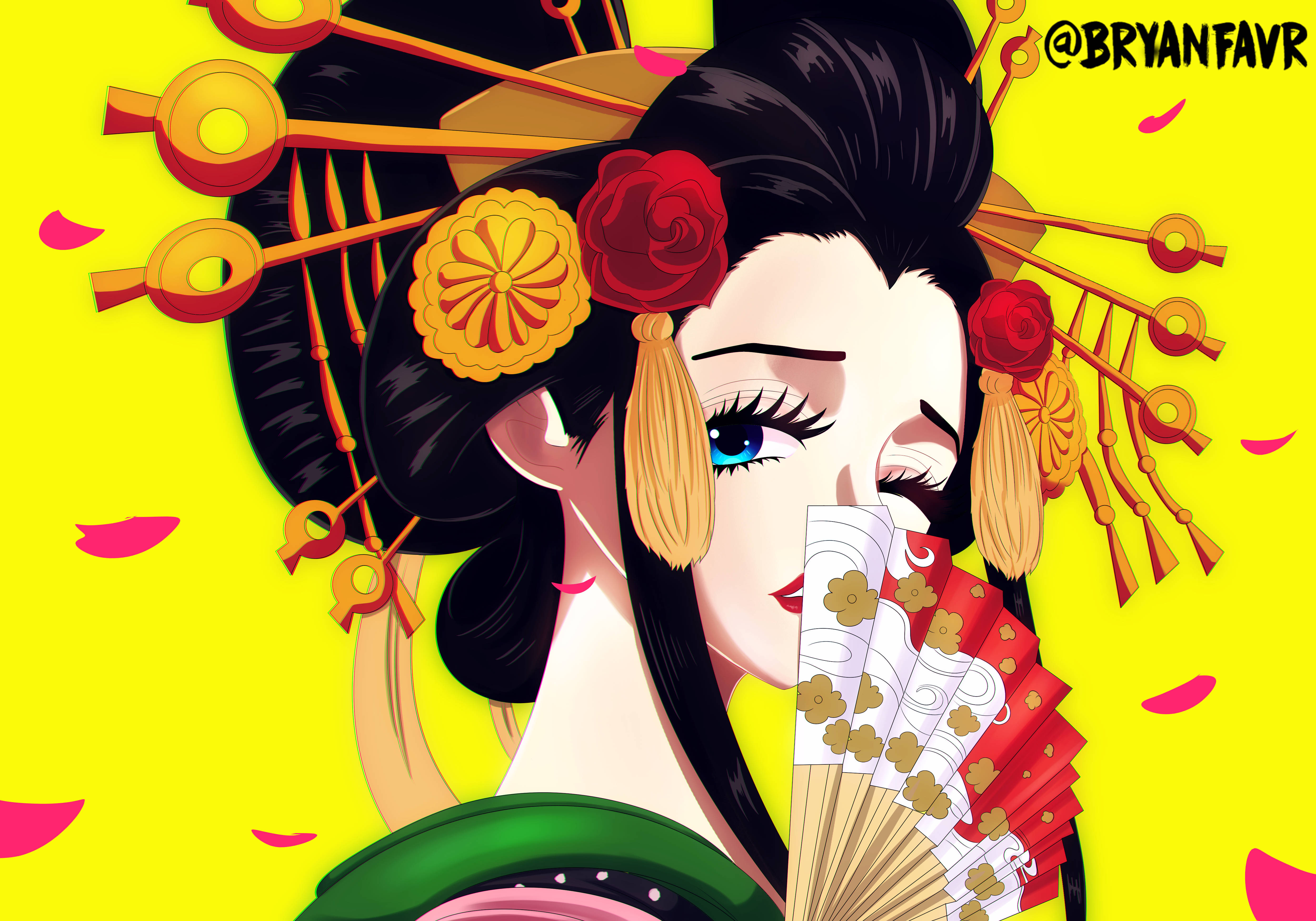 Wano 桌布 壁紙 — 一個風格化的動漫藝妓，藍色眼睛和華麗的髮簪，在充滿活力的黃色背景上拿著紅色扇子，背景有粉紅色花瓣。