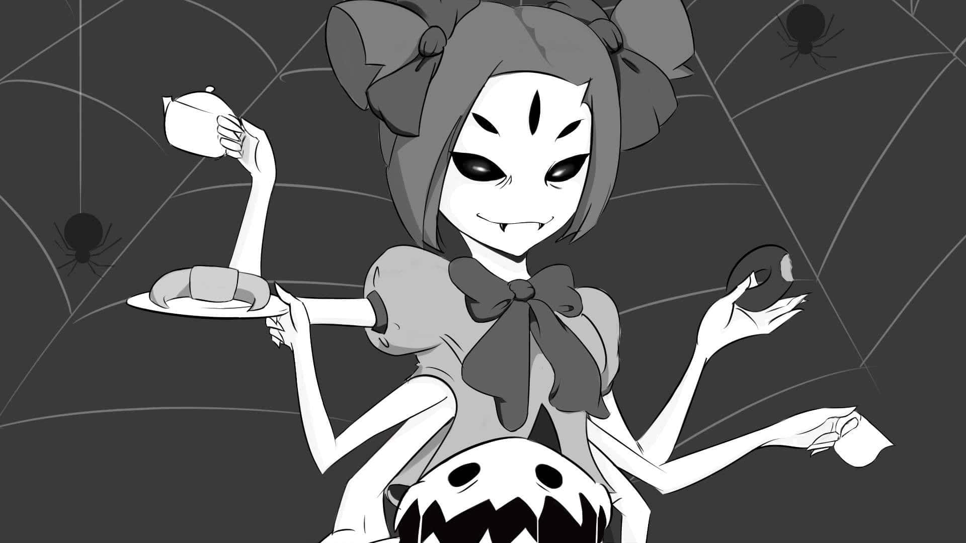Cartoon Horror 桌布 壁紙 — 一個風格化的動漫蜘蛛女孩，有多隻手臂，在黑暗的蜘蛛網背景下提供茶和餅乾，背景中有蜘蛛。