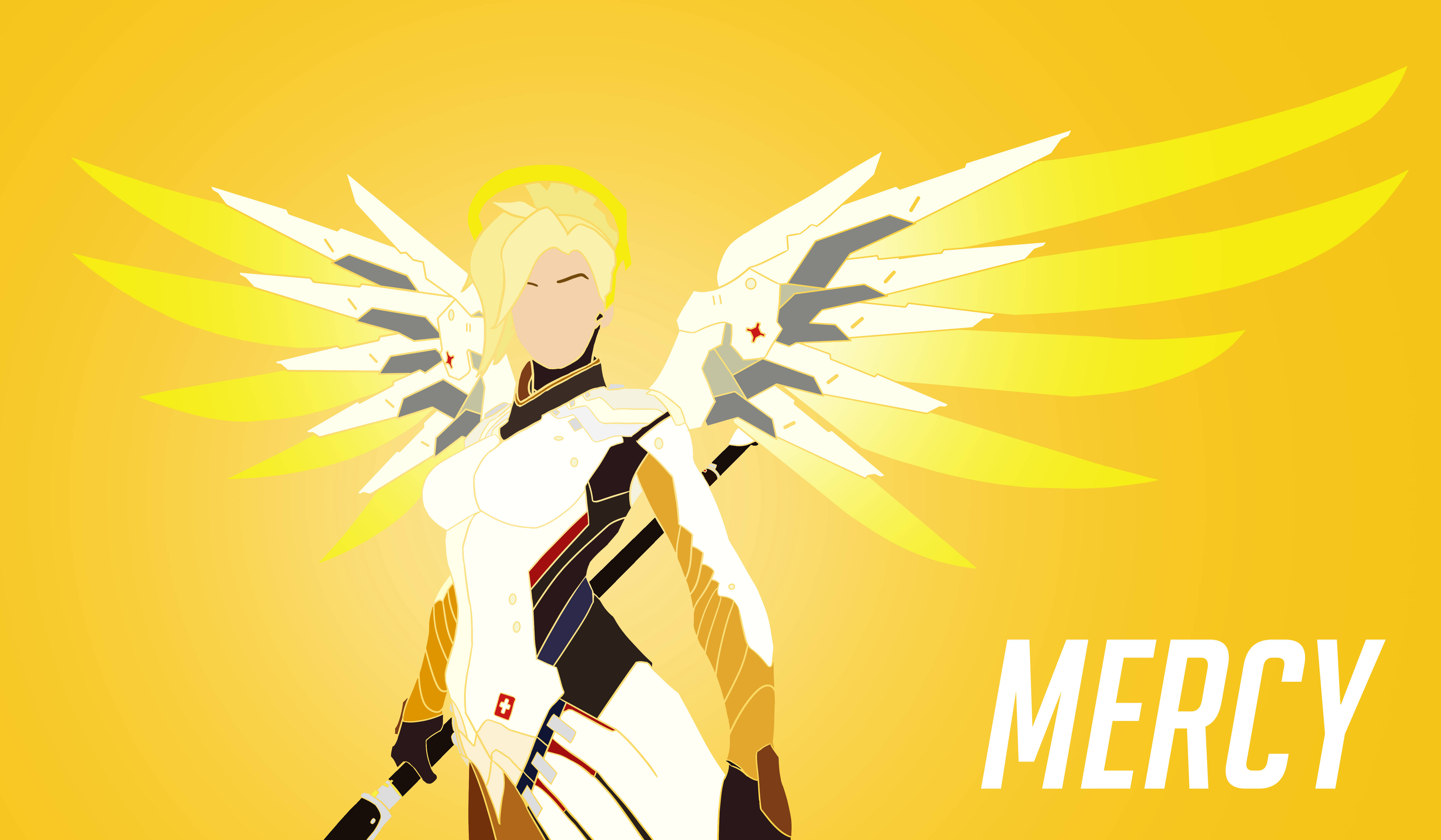 Mercy 桌布 壁紙 — 一個風格化的動漫角色 Mercy，擁有發光的白色翅膀，站在燦爛的黃色背景前。