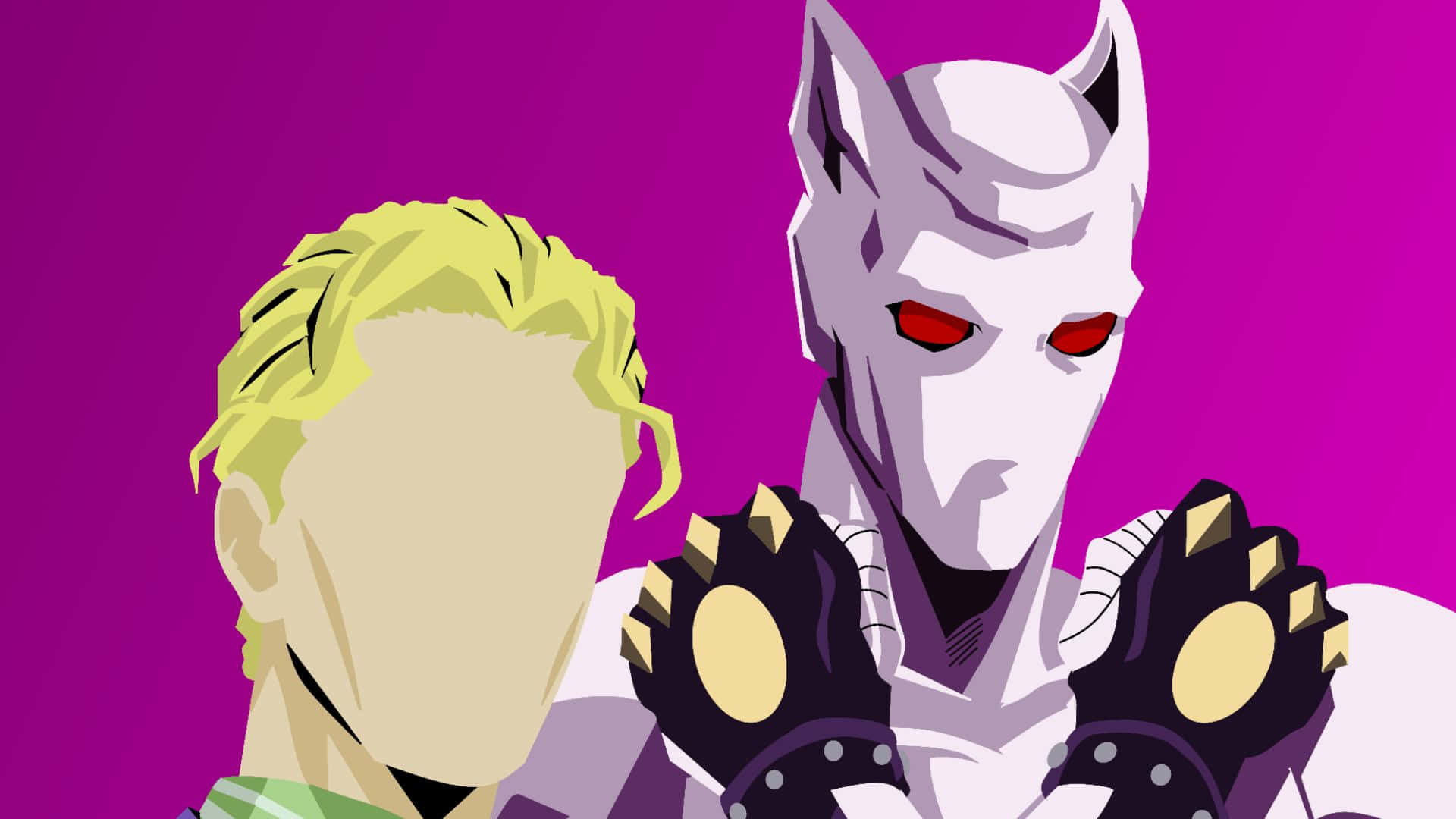Kira Yoshikage 桌布 壁紙 — 一個風格化的動漫角色，具有白色貓科特徵和紅色眼睛，站在一個金髮人物旁邊，背景是充滿活力的紫色。