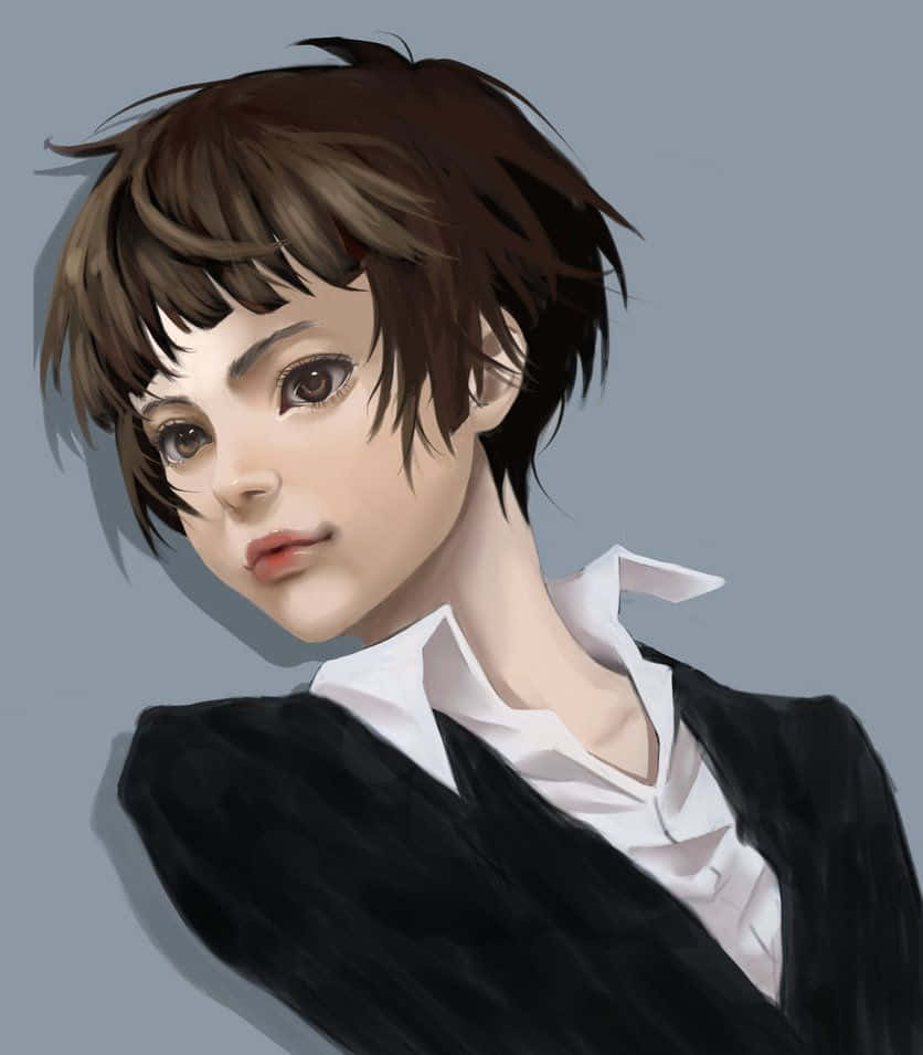 Akane Tsunemori 桌布 壁紙 — 一個風格化的動漫角色，凌亂的棕色頭髮，白色襯衫外穿黑色西裝外套，在純灰色背景前若有所思地凝視。