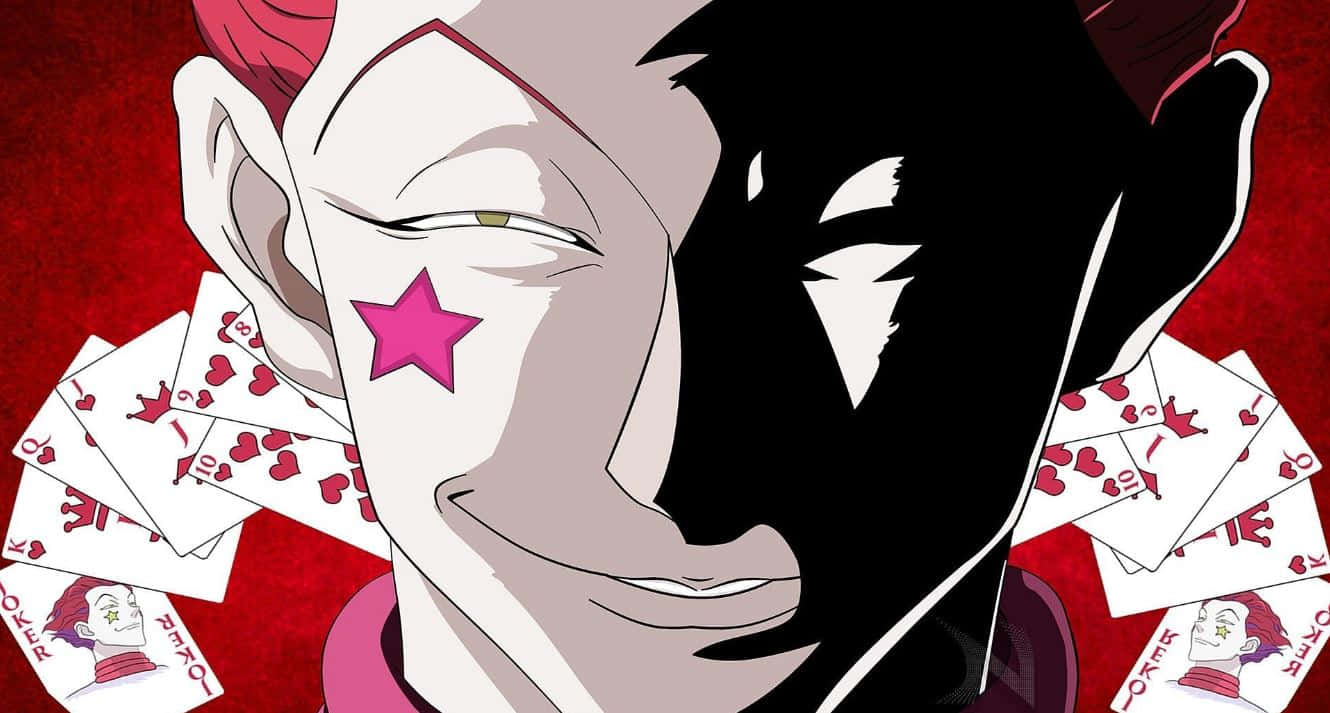 Cartoon Villains 桌布 壁紙 — 一個風格化的動漫角色，半邊臉在陰影中，手持撲克牌，背景是鮮豔的紅色。