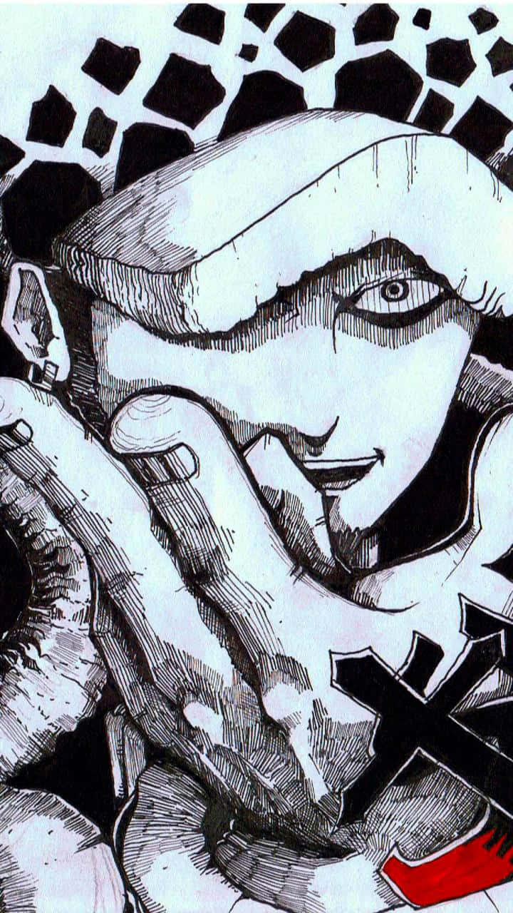 One Piece Trafalgar Law 桌布 壁紙 — 一個風格化的動漫角色，只露出一隻眼睛，戴著帽子，手持香菸，背景為黑白幾何圖案。