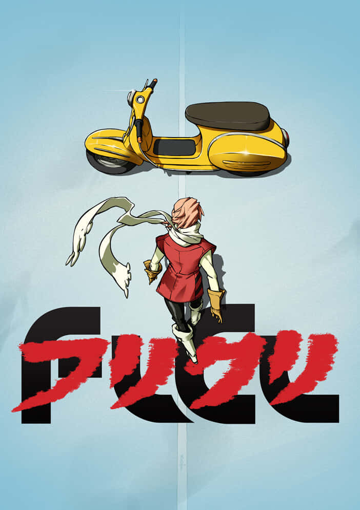 FLCL 桌布 壁紙 — 一個風格化的動漫角色，圍巾飄逸，站在黃色滑板車下方，背景為淡藍色，帶有粗體紅色日文字。