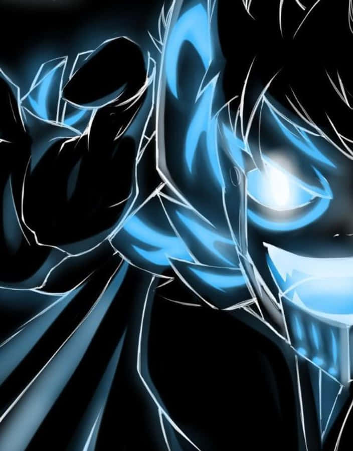 Acnologia 桌布 壁紙 — 一個風格化的動漫角色，在深色背景上擁有發光的藍色眼睛和鋸齒狀的能量線條。