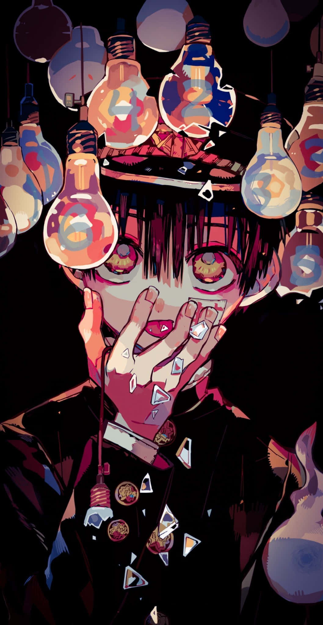 Cute Anime Boy 桌布 壁紙 — 一個風格化的動漫角色，在黑暗環境中，發光的眼睛和破碎的燈泡漂浮在頭部周圍。