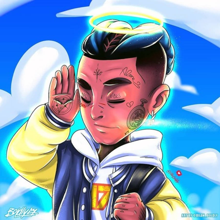 酷酷的xxxtentacion 桌布 壁紙 — 一個風格化的動漫角色，帶有光環和刺青，在藍天白雲下平靜地揮手。